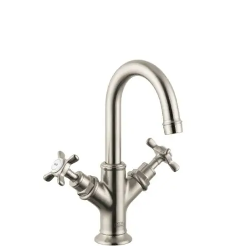 Waschtischarmatur mit zwei Kreuzgriffen in brushed Nickel von AXOR. Geeignet für Handwaschbecken, ausgestattet mit einer Zugstangen-Ablaufgarnitur.